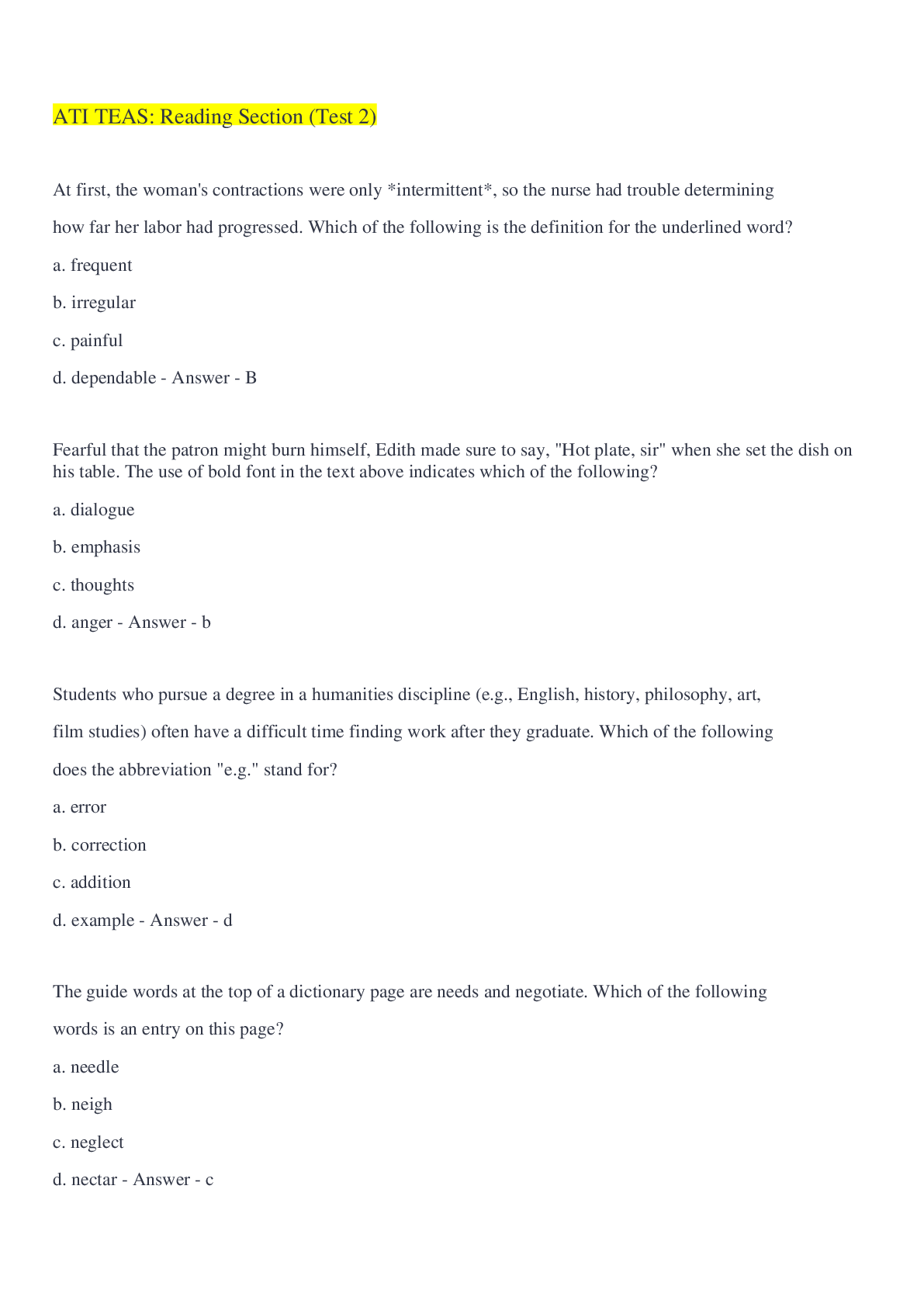 Preview image for ATI TEAS: Reading Section (Test 2) Questions And Answers 2022/2023